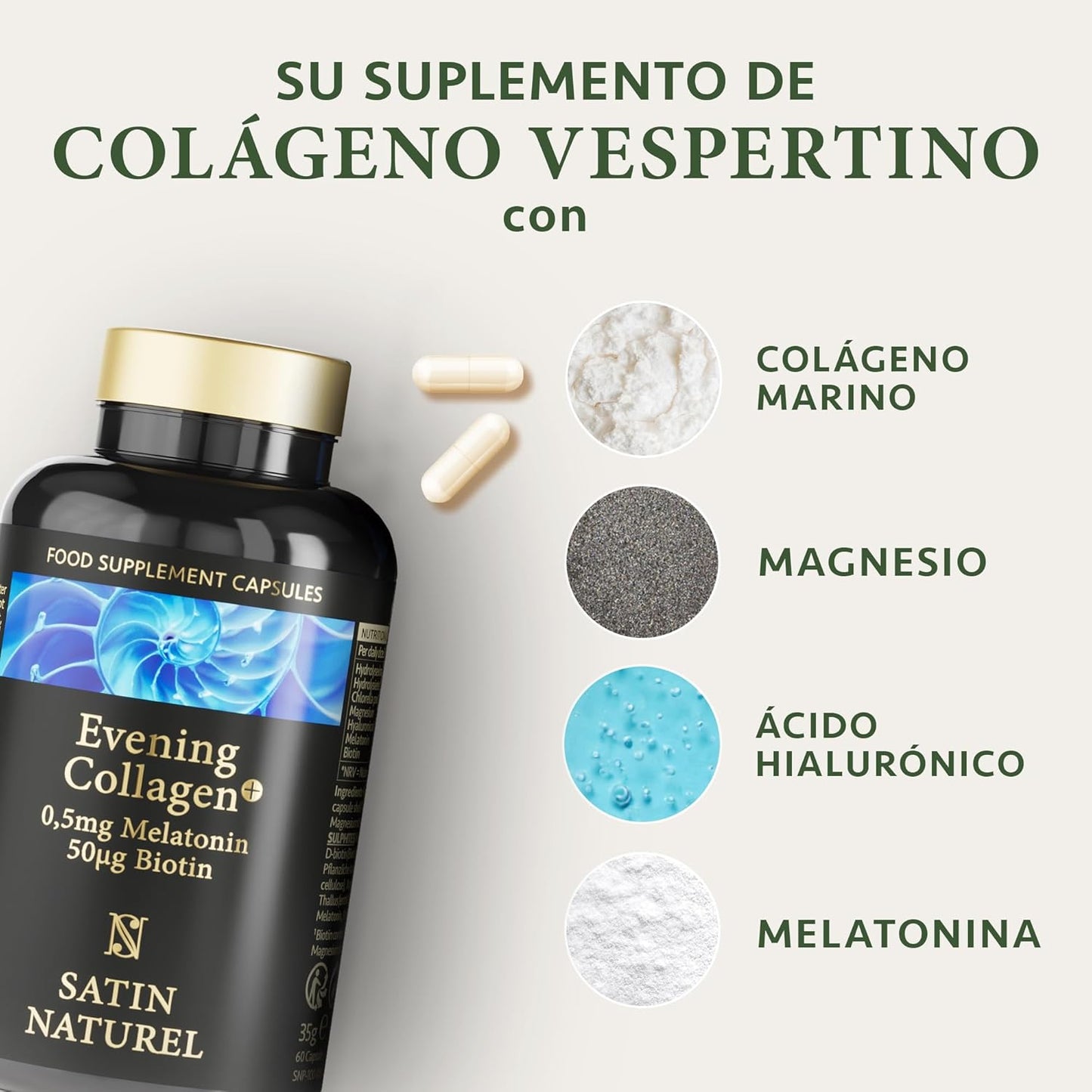 Colágeno Hidrolizado Puro (580mg de Colágeno Marino) + Biotina + Magnesio + Melatonina + Acido Hialurónico - ALTA DOSIS