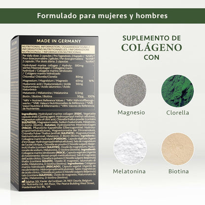 Colágeno Hidrolizado Puro (580mg de Colágeno Marino) + Biotina + Magnesio + Melatonina + Acido Hialurónico - ALTA DOSIS